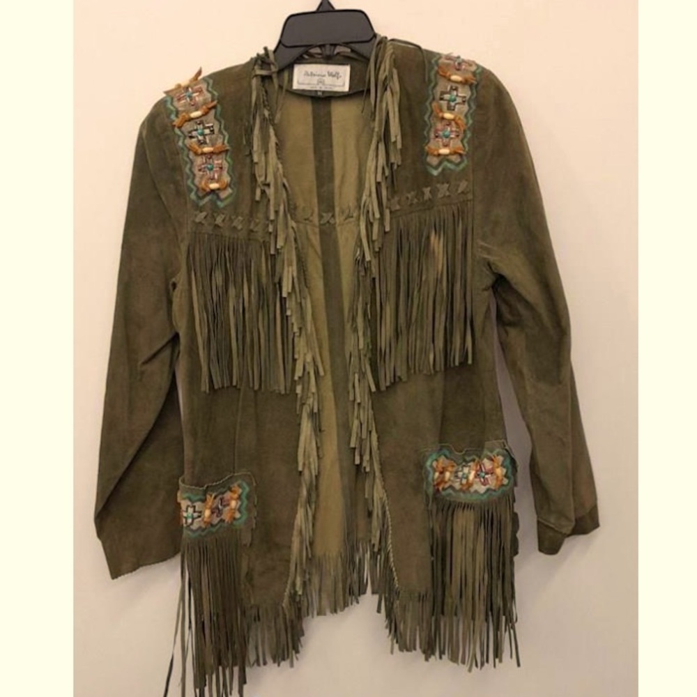 Hand painted native american Patricia Wolf leather Fringe Jacket beaded Rtl $695